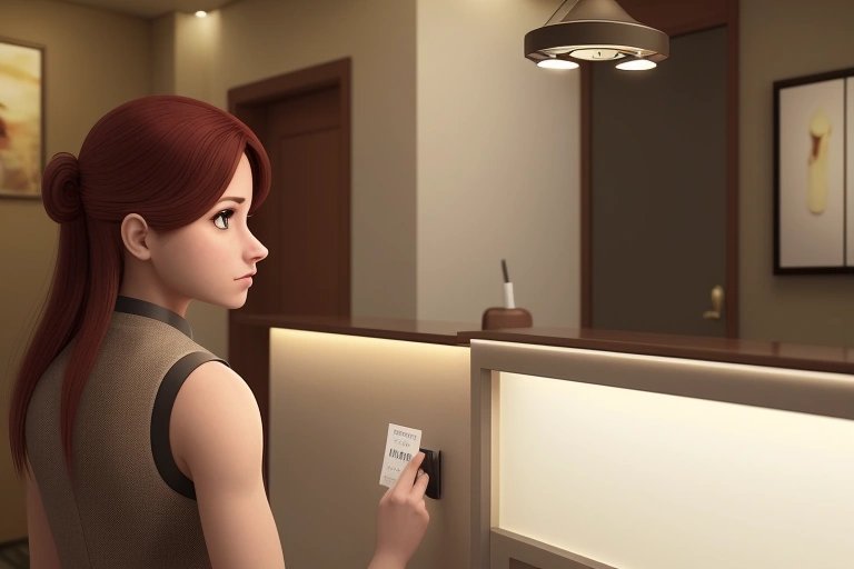 Otel kayıt masası ve misafirler için anahtar kartı veren ön recepsiyon masası