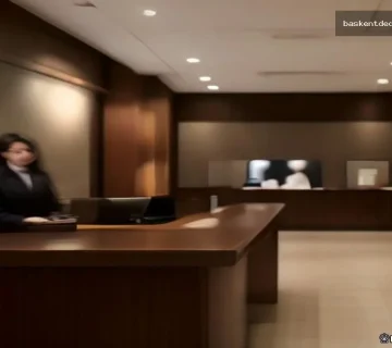 Otel kaydı için resepsiyon masası ve yardım eden görevli